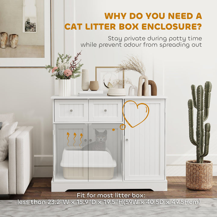 PawHut Cat Litter Box Enclosure with Drawer, Storage, Anti-tip Kit, for Living Room, Bedroom, White