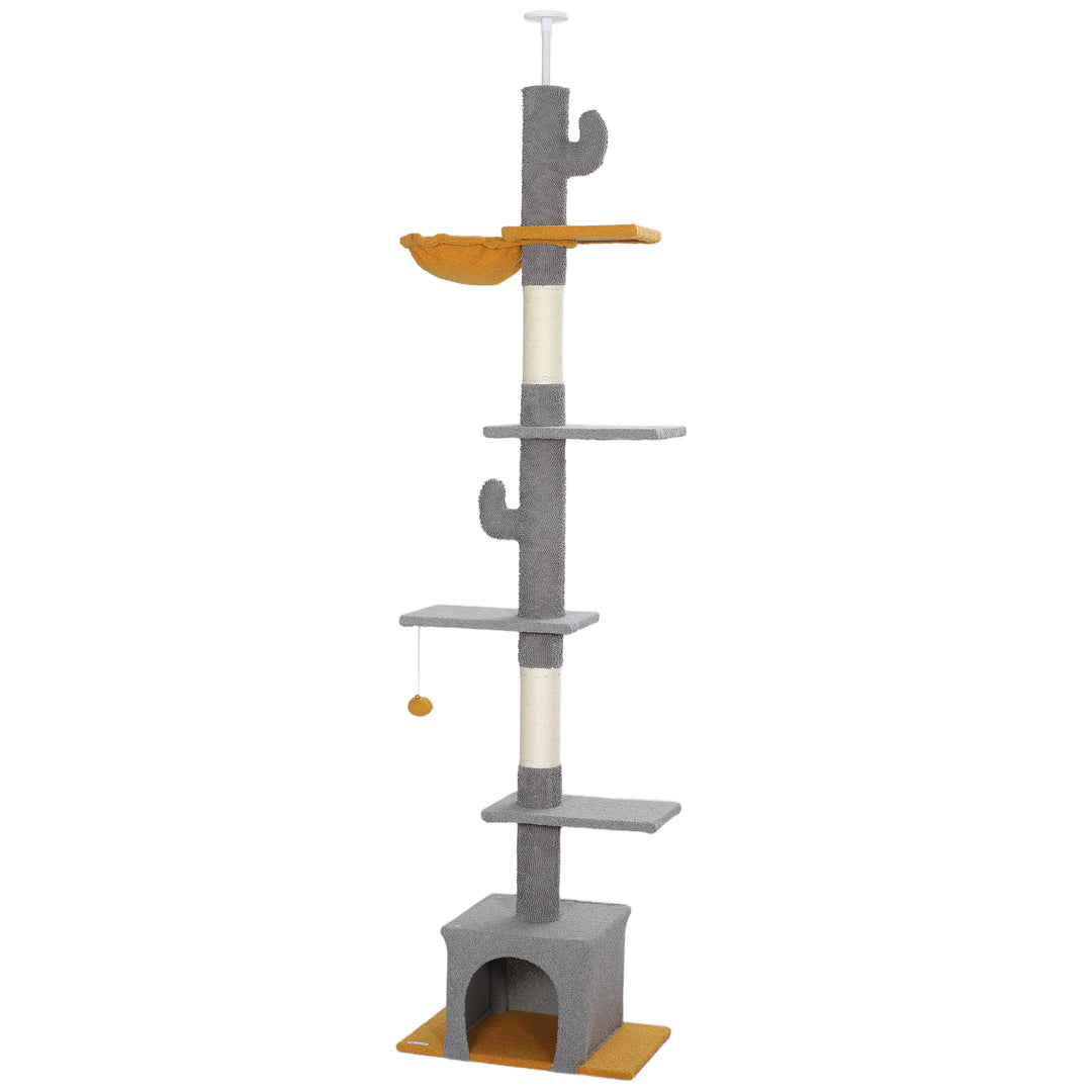 PawHut Floor to Ceiling Cat TreeTower with 90.5"-108" Adjustable Height, Scratching Posts, Hammock, Comdo, Toy Ball, Light Grey