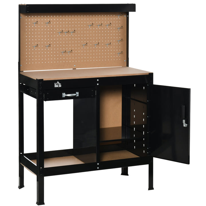 HOMCOM Multipurpose Tool Workbench for Garage, Garage Bench with Storage Drawer, Peg Board, Lockable Cabinet