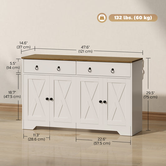 HOMCOM Kitchen Sideboard Cabinet with 2 Drawers, 4 Barn Doors and 2 Adjustable Shelves, Buffet Table for Living Room, White