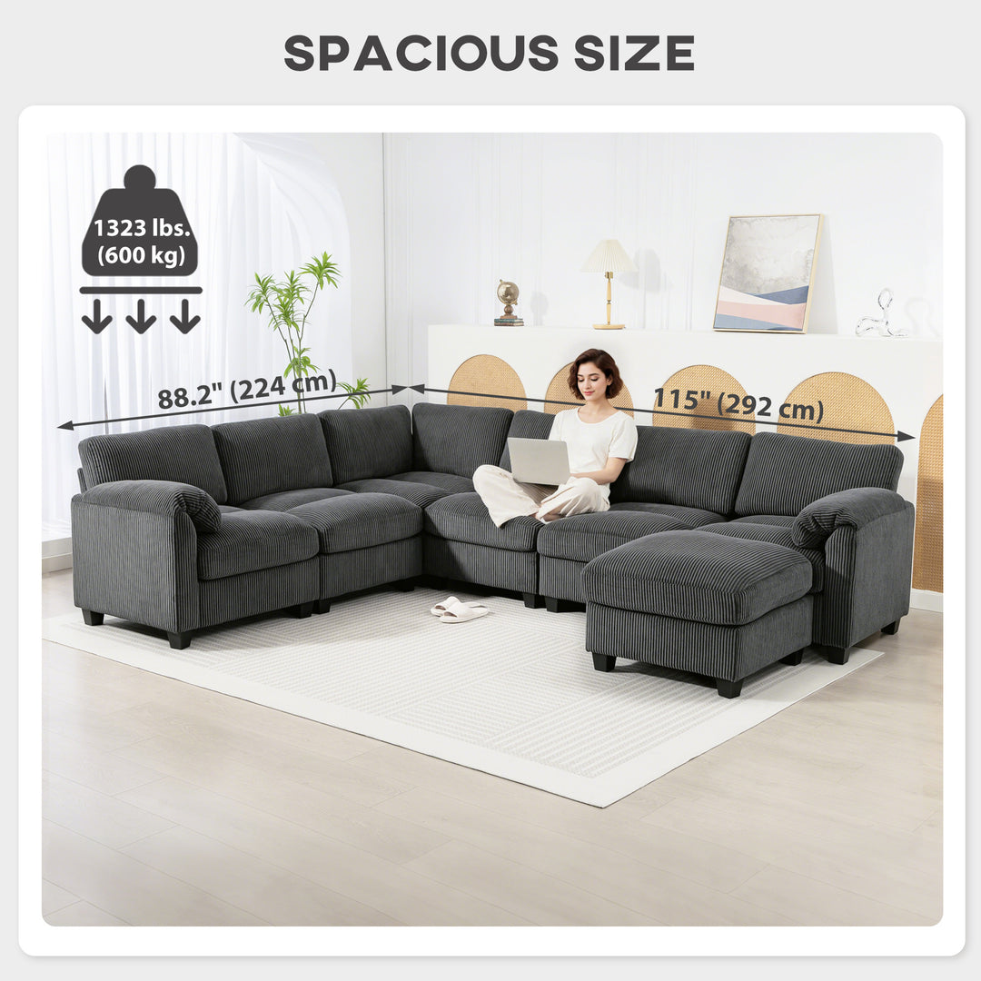 HOMCOM Modular Sectional Sofa, Oversized U-Shaped Couch with Spring Cushion, Corduroy Sofa for Living Room, Charcoal Grey