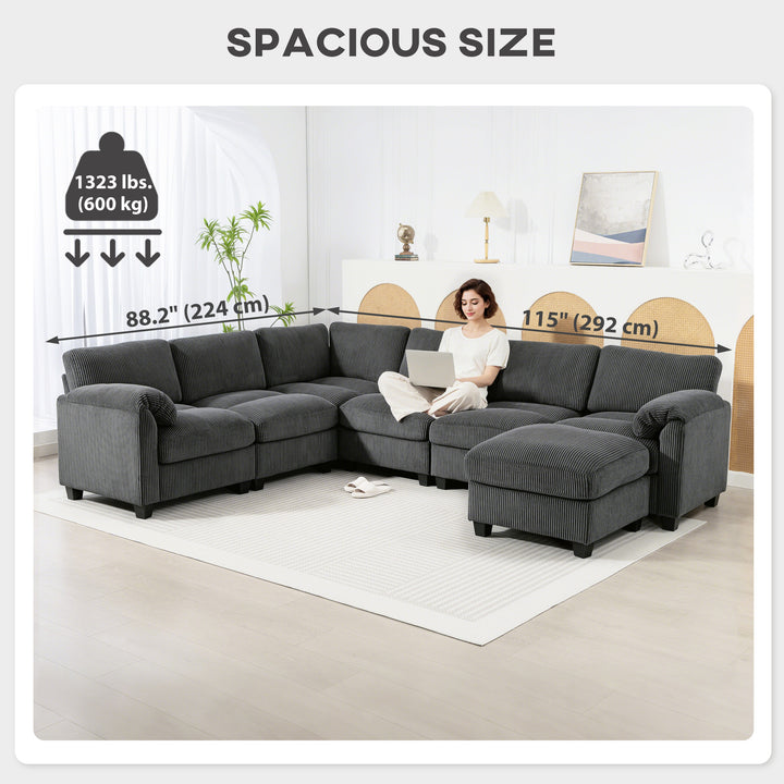 HOMCOM Modular Sectional Sofa, Oversized U-Shaped Couch with Spring Cushion, Corduroy Sofa for Living Room, Charcoal Grey