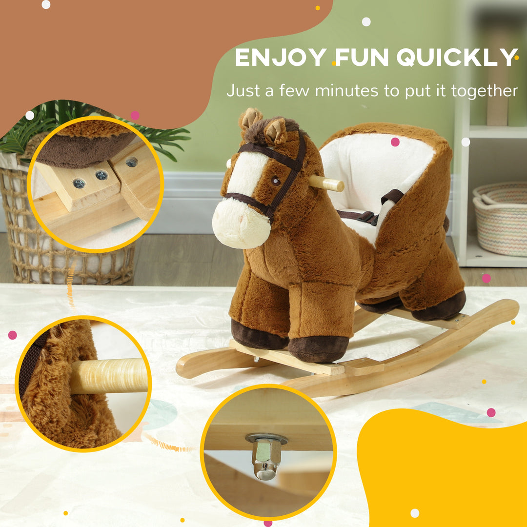 Qaba Baby Rocking Horse, Plush Animal Rocker for Toddlers Aged 18-36 Months with Sounds, Seat Belt
