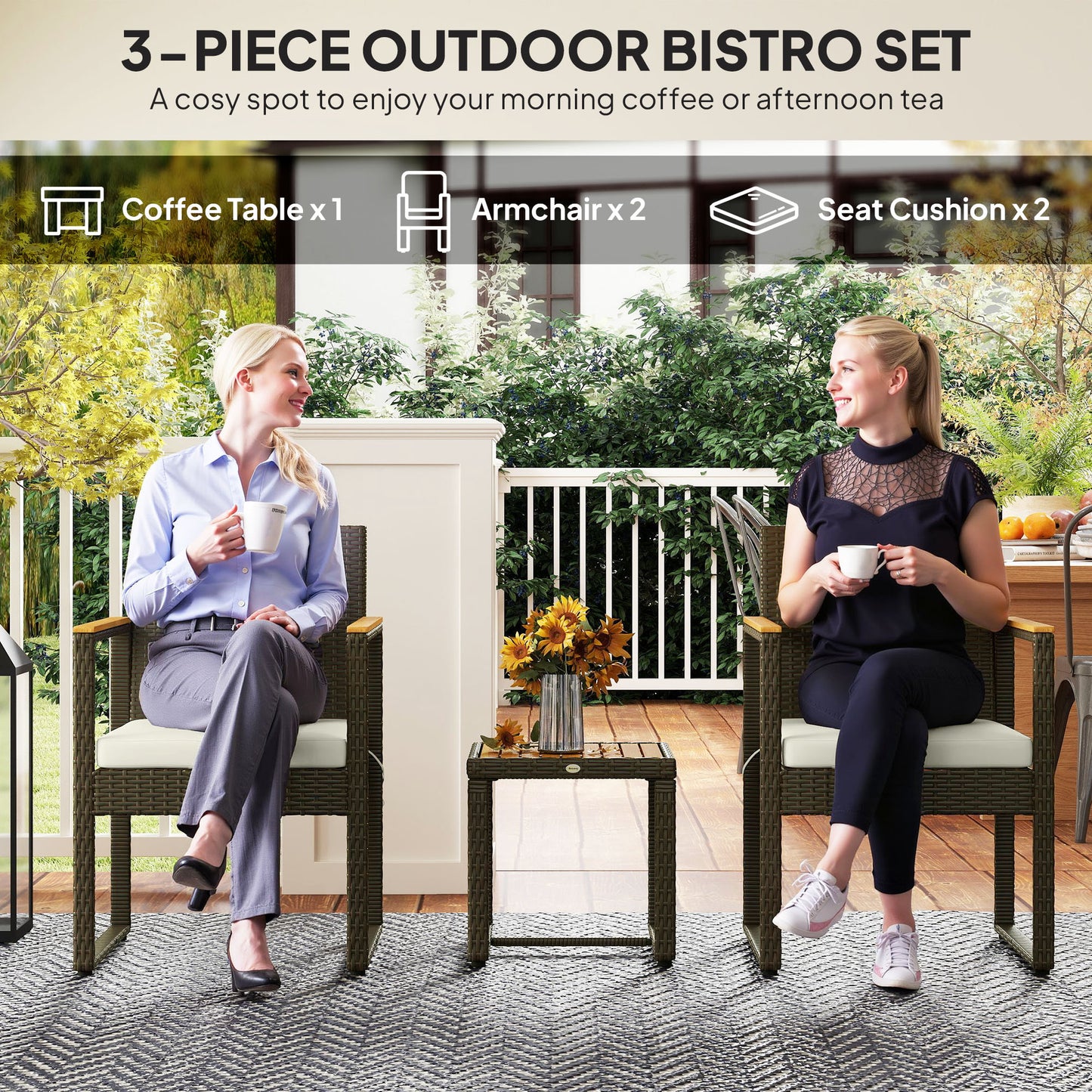 Outsunny 3 Pieces Wicker Patio Furniture Set, Rattan Bistro Set w/ Acacia Wood Table & Removable Cushions, Dark Blue