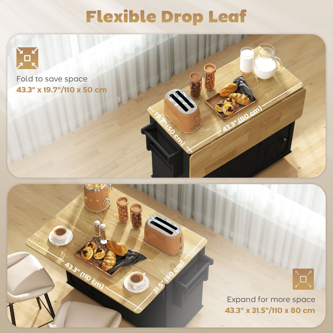 HOMCOM Kitchen Island Cart, Portable Kitchen Island Table with Charging Station, Rubber Wood Drop Leaf, Trash Storage, Black