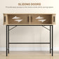 HOMCOM Mid-Century Narrow Console Table with Slatted Tambour Sliding Doors, Entryway Table with Steel Legs, Oak and Black