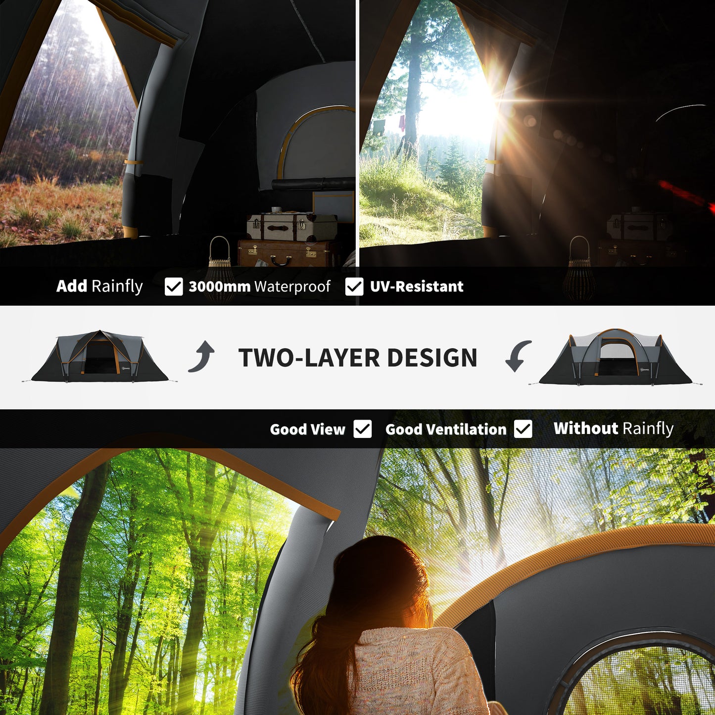 Outsunny 5-6 Person Family Tent, Outdoor Camping Tent with Lighting Hook, Carrying Bag for Camping, Hiking and Travelling, Grey