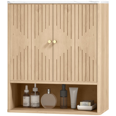 HOMCOM Bathroom Wall Cabinet, Wall-Mounted Medicine Cabinet with Adjustable Shelf, Open Shelf and Marble Effect Top, Oak
