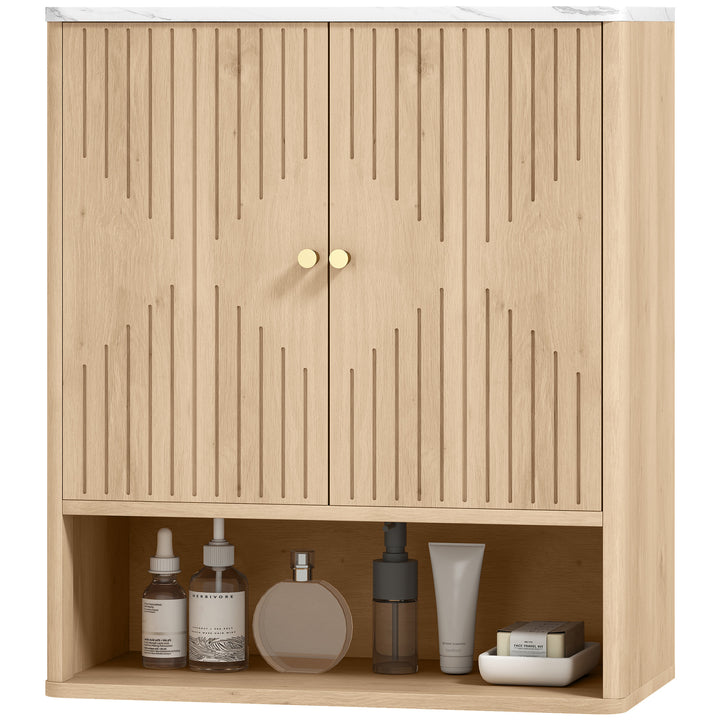 HOMCOM Bathroom Wall Cabinet, Wall-Mounted Medicine Cabinet with Adjustable Shelf, Open Shelf and Marble Effect Top, Oak