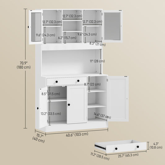 HOMCOM Tall Kitchen Pantry with LED Light, Freestanding Storage Cabinet with Hutch, Shelves, Drawer, Doors, White