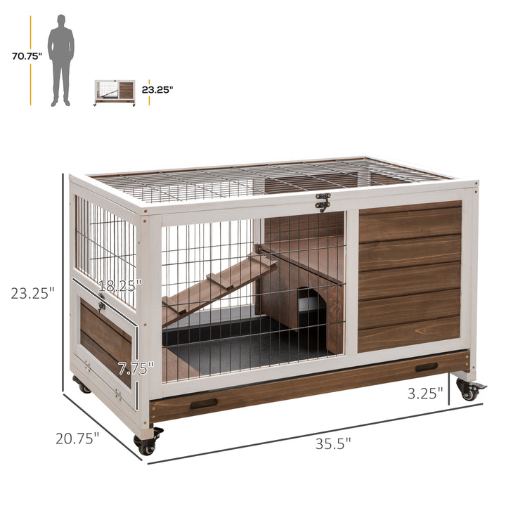 PawHut Wooden Indoor Rabbit Hutch Elevated Bunny Cage Habitat with Enclosed Run with Wheels, Suitable for Rabbits and Guinea Pigs, Grey