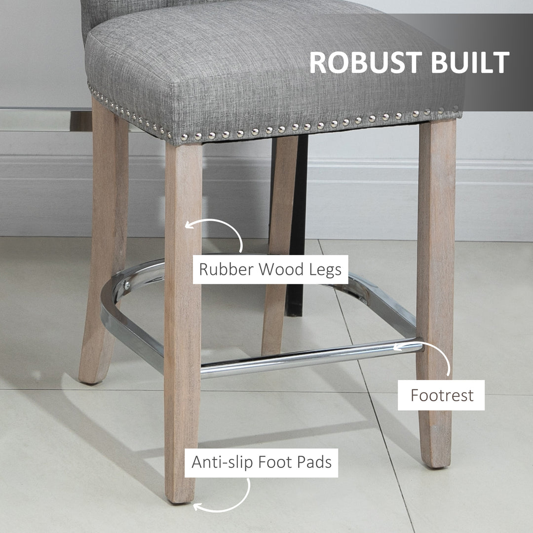 HOMCOM Bar Stools Set of 2, Upholstered Counter Height Stools with Button Tufted Back, Wood Legs and Footrest, Grey