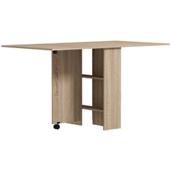 HOMCOM Extendable Dining Table, Collapsible Folding Table w/ 2-tier Shelves and Rolling Casters, Nature Wood