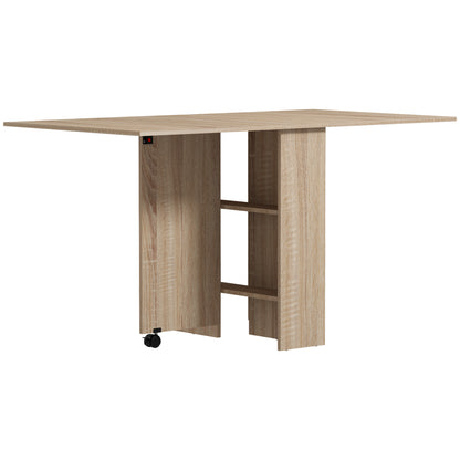 HOMCOM Extendable Dining Table, Collapsible Folding Table w/ 2-tier Shelves and Rolling Casters, Nature Wood