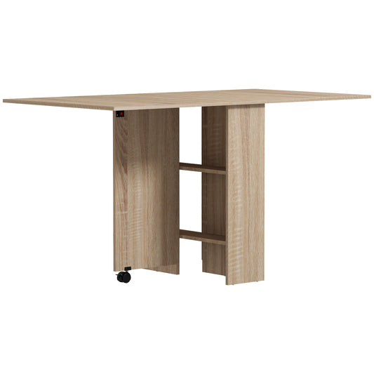 HOMCOM Extendable Dining Table, Collapsible Folding Table w/ 2-tier Shelves and Rolling Casters, Nature Wood