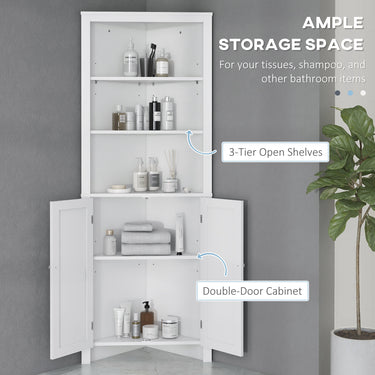 kleankin Tall Bathroom Storage Cabinet, Corner Cabinet with Doors, Linen Cabinet with Doors and 3-Tier Shelves, White