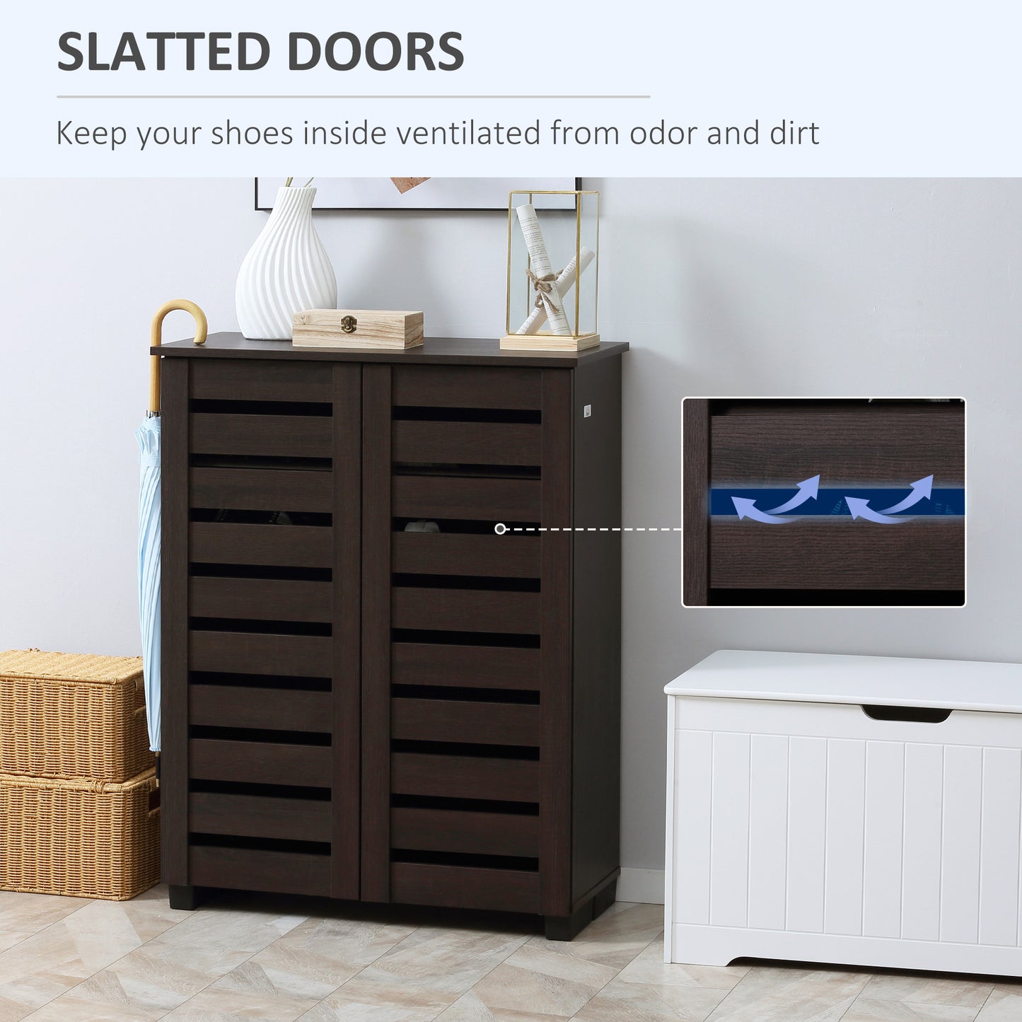HOMCOM Narrow Shoe Cabinet with 2 Slatted Doors, Modern Shoe Storage Cabinet with Adjustable Shelves for Entryway, Hallway, Living Room, Holds 15 Pairs, Dark Brown