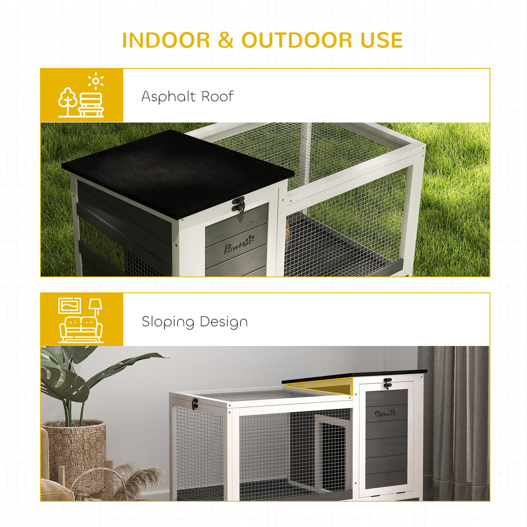 PawHut Wooden Rabbit Hutch with Pull-Out Tray, Asphalt Openable Roof, Small Animal Cage on Wheels with Run, Grey