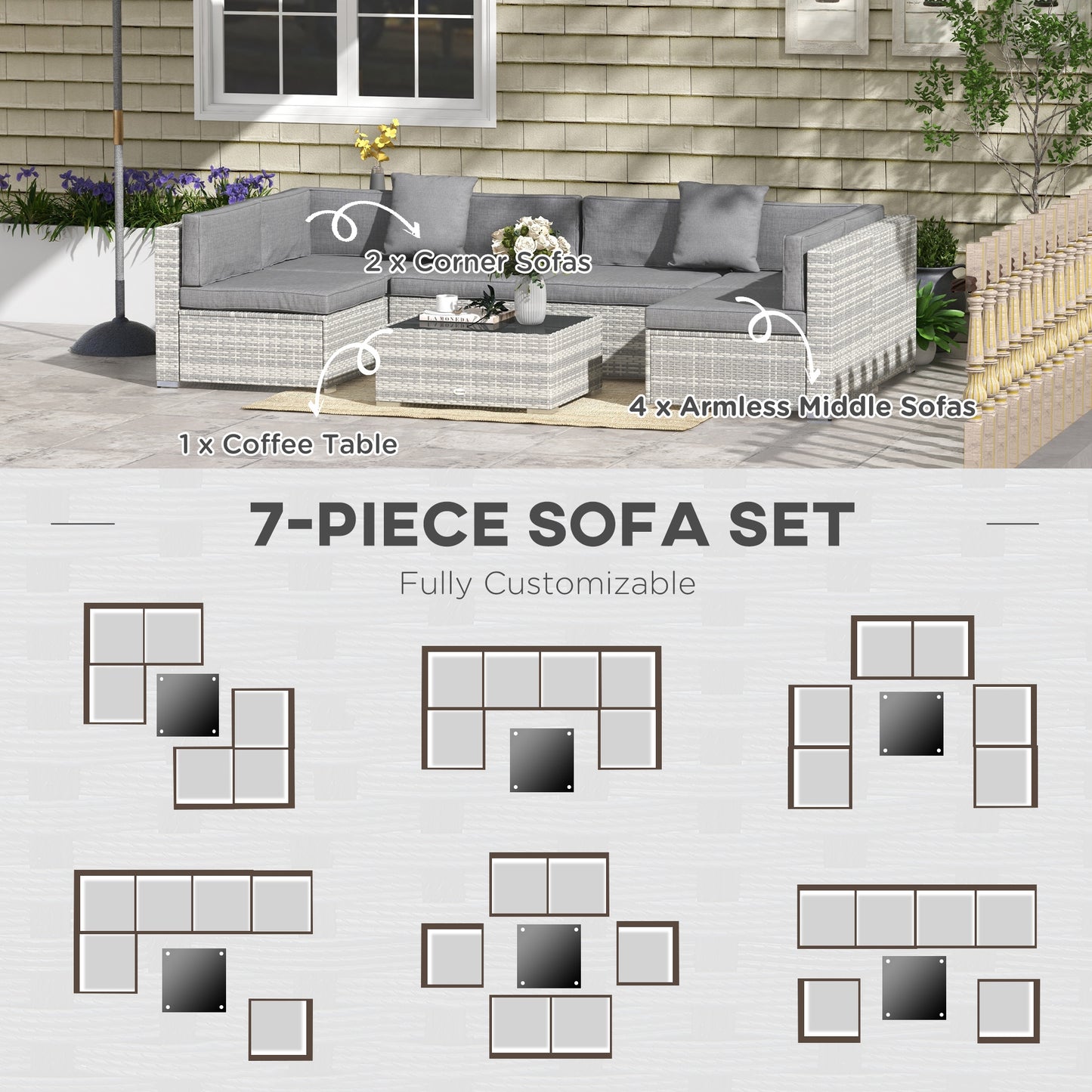 Outsunny 7pcs Garden Wicker Sectional Set w/ Tea Table Patio Rattan Lounge Sofa with Cushion for Outdoor Deck Orange