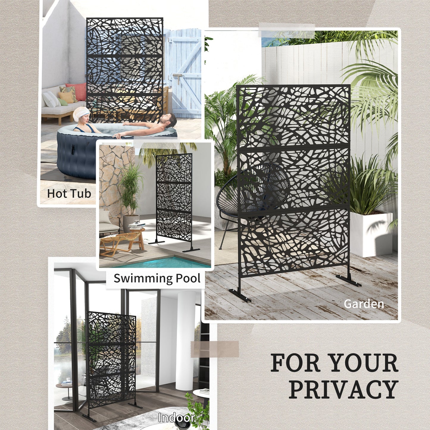 Outsunny 6.5FT Decorative Outdoor Divider, Metal Privacy Screen with Stand, Twisted Line Style, Black