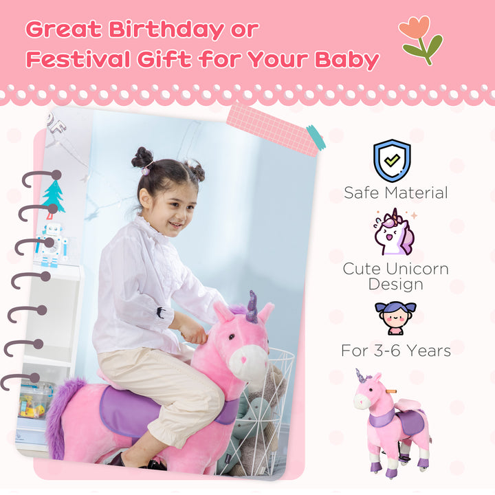 Qaba Ride On Unicorn Walking Horse Mechanical Pony Toy with Wheels Gift for 3-6 Years Girls Boys Pink