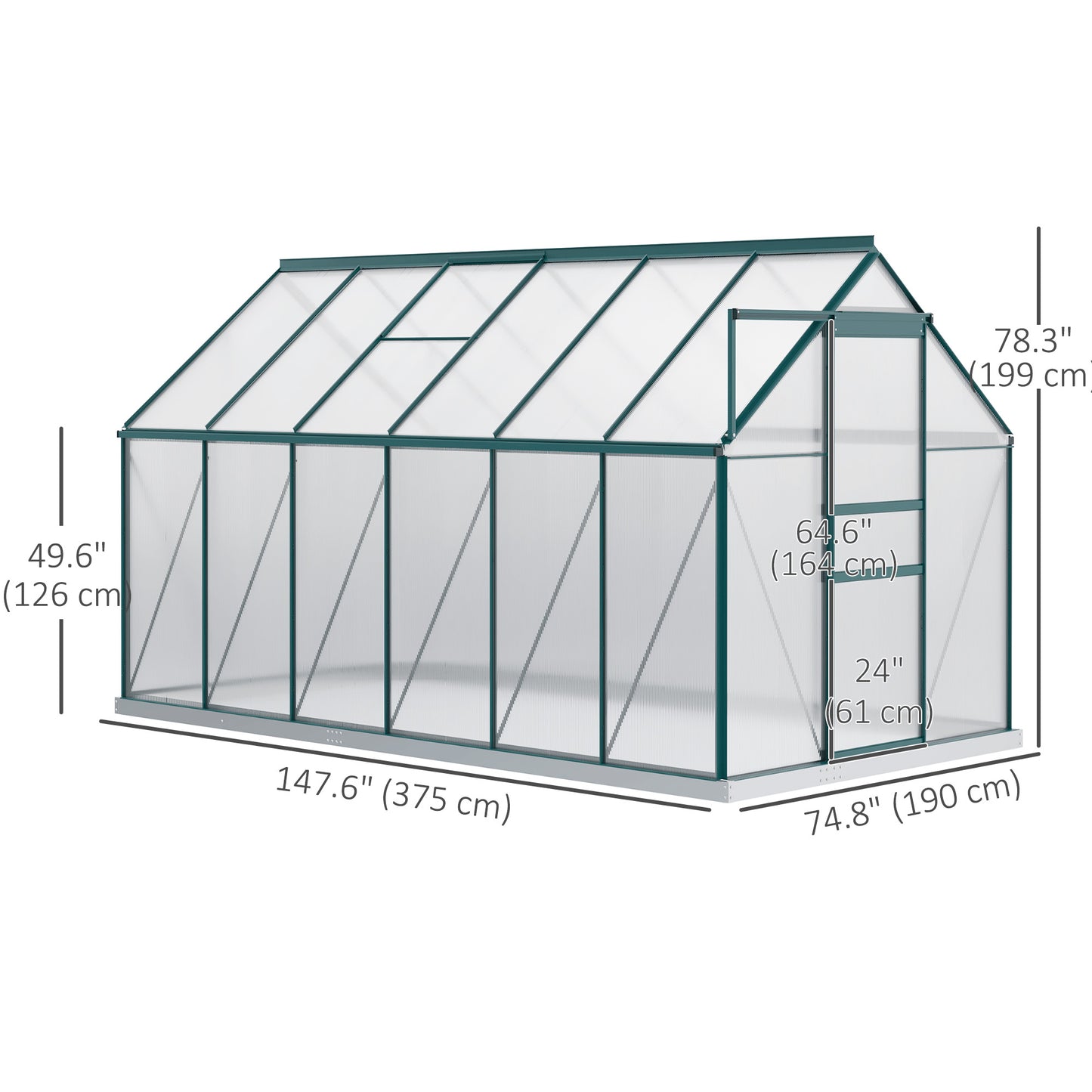 Outsunny 6' x 12' x 6.5' Walk-in Greenhouse, Polycarbonate Greenhouse with Adjustable Roof Vent, Base, Sliding Door, Clear