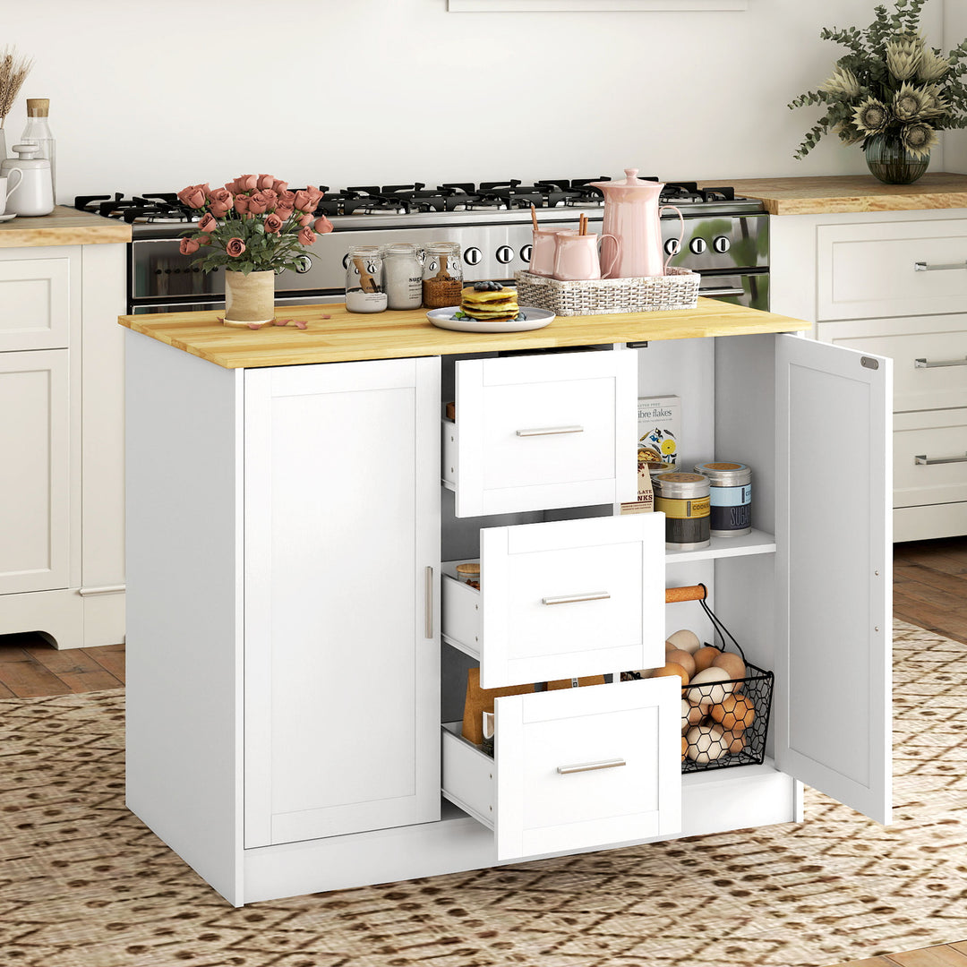 HOMCOM Kitchen Island with Storage Cabinets, 3 Drawers, 2 Adjustable Shelves and Sitting Space for Dining Room, White