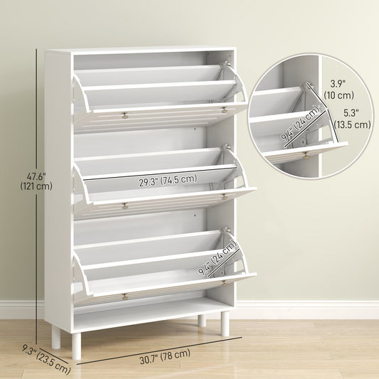 HOMCOM Narrow Shoe Storage Cabinet, 3 Flip Drawers, Adjustable Shelves, 24 Pairs Capacity, White