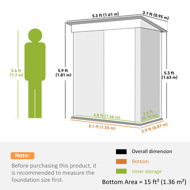 Outsunny Outdoor Storage Shed, Steel Lean-to Shed with Adjustable Shelf, Lock, Gloves, 5'x3'x6', Green