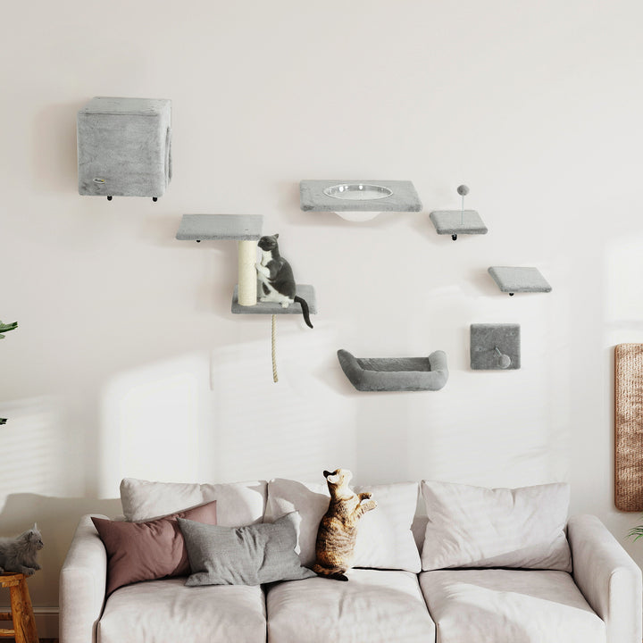 PawHut Cat Wall Shelves Set of 7, Shelves and Perches with House, Sisal Post Ladder, Bed & Ball, Grey