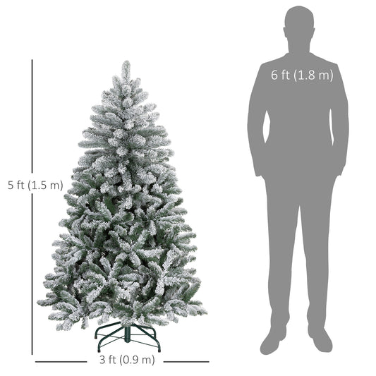 HOMCOM 5 Foot Artificial Flocked Christmas Tree with Snow, Metal Stand, Hinged Xmas Tree for Home Office Holiday