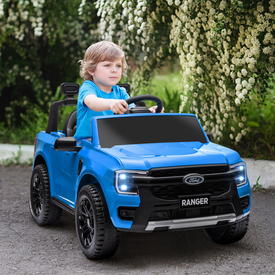 Qaba Ford Ranger Licensed 12V Ride on Car Battery Powered Kids Truck w/ Rear Storage Remote, Spring Suspension, Blue