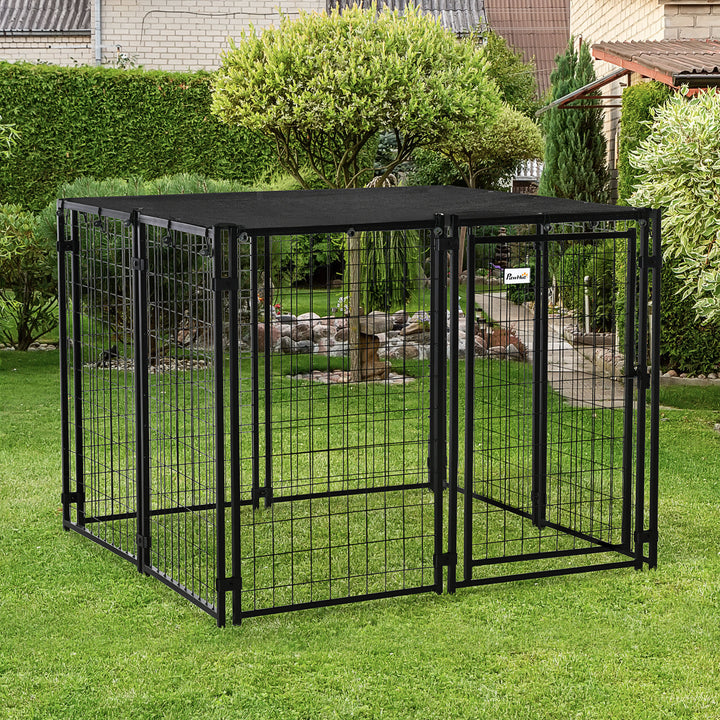 PawHut Outdoor Dog Kennel, Lockable Pet Playpen Crate with Top Cover, Black