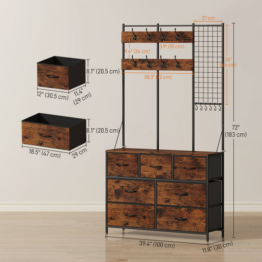 HOMCOM 4-In-1 Coat Rack with 7 Drawer Fabric Dresser, Hall Tree with 14 Hooks for Hallway, Entryway, Bedroom, Rustic Brown
