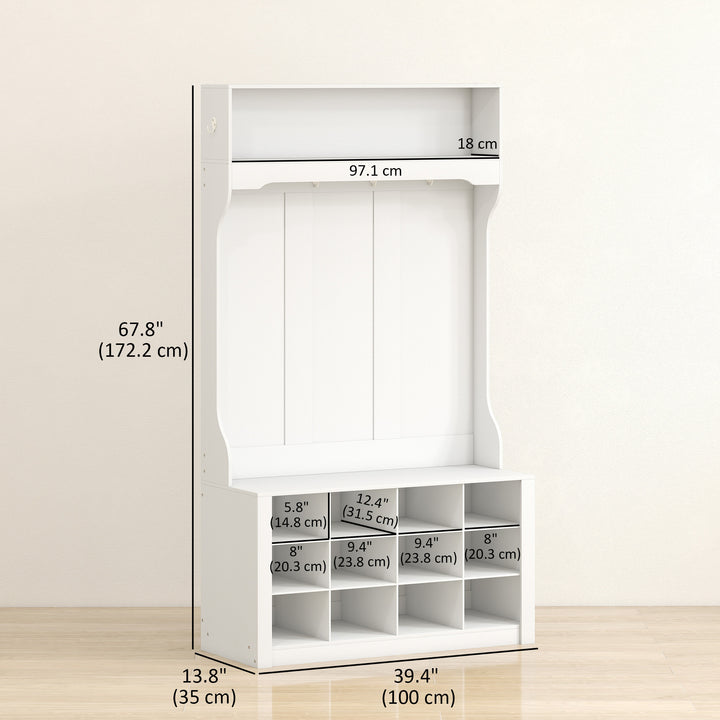 HOMCOM 4-In-1 Hall Tree with Bench and Shoe Storage, Farmhouse Coat Rack Shoe Bench with 12 Shoe Cubbies, 6 Hooks, White