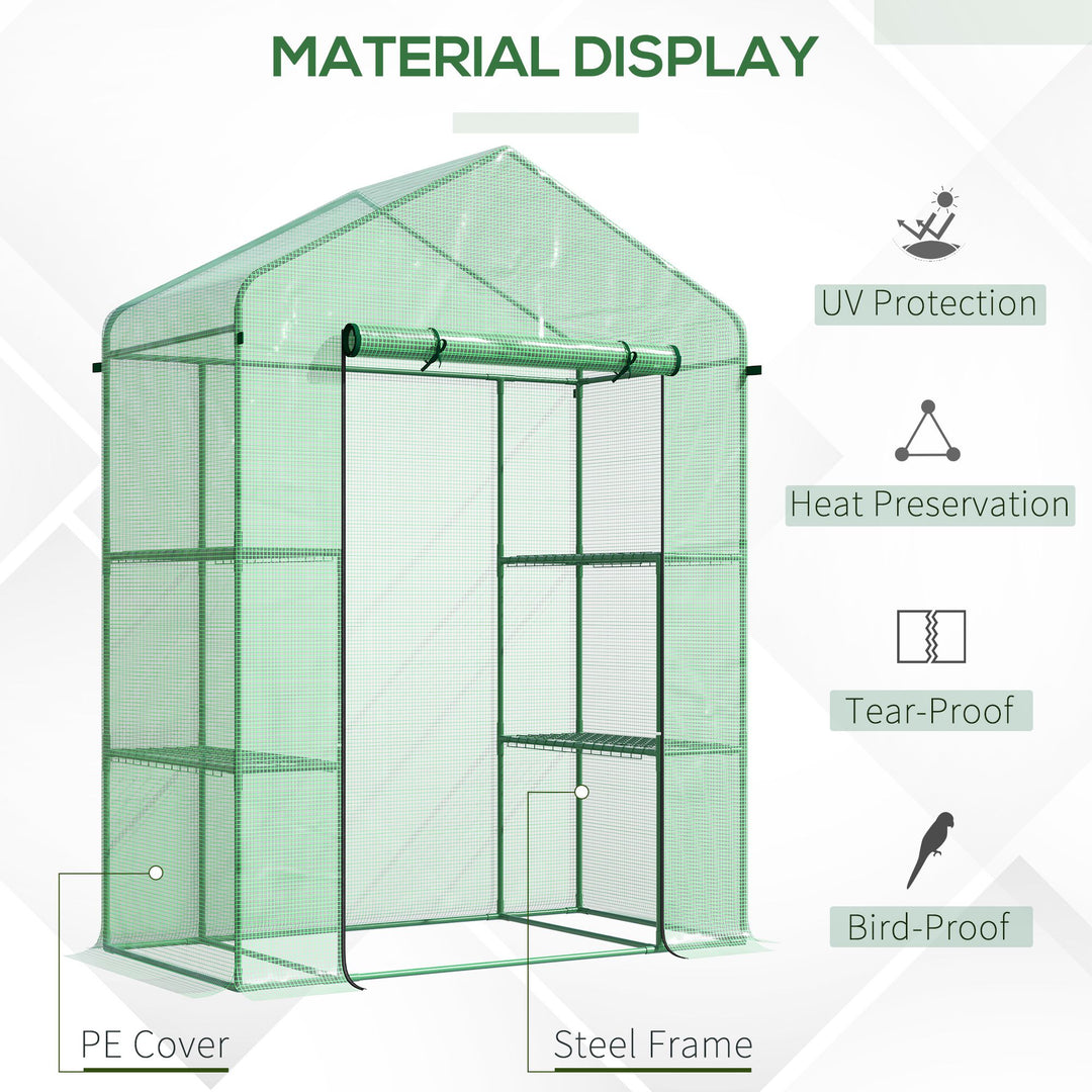Outsunny 56" x 29" x 77" Walk-in Greenhouse, Mini Greenhouse with 4 Shelves, Roll-Up Door and Weatherized Cover, Clear