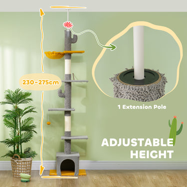 PawHut Floor to Ceiling Cat TreeTower with 90.5"-108" Adjustable Height, Scratching Posts, Hammock, Comdo, Toy Ball, Light Grey