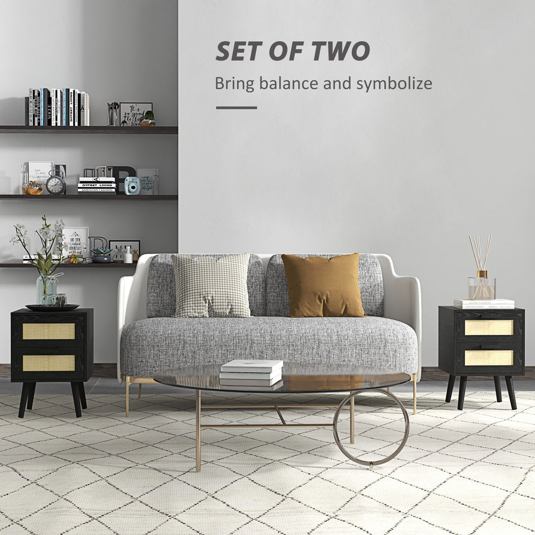 HOMCOM Boho Design Nightstand Set of 2, Side End Table with 2 Drawers for Living Room, Bedroom