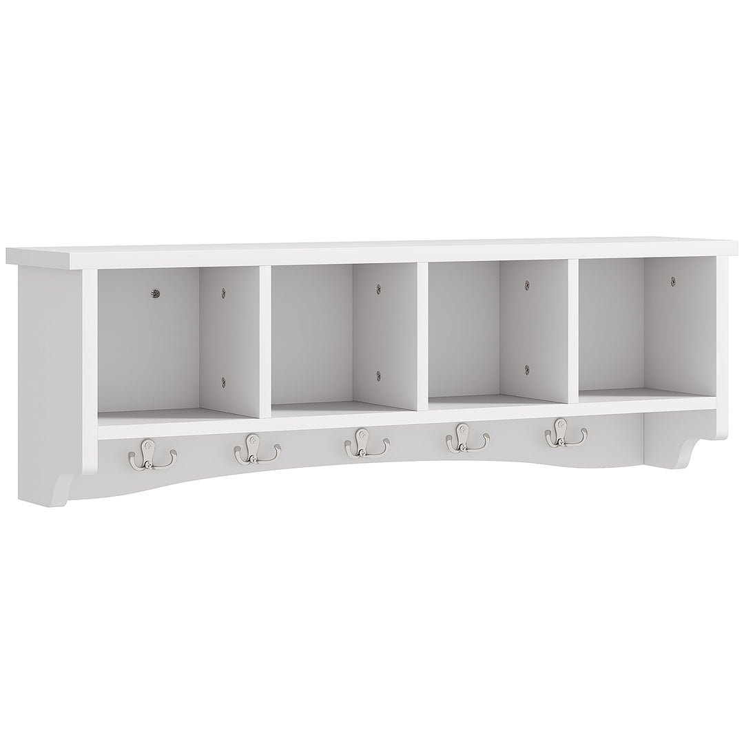 HOMCOM Coat Rack Wall Mount with Shelf, 28" Wall Coat Rack with 5 Hooks and 4 Compartments for Living Room, Entryway, White