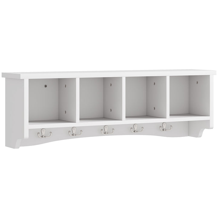HOMCOM Coat Rack Wall Mount with Shelf, 28" Wall Coat Rack with 5 Hooks and 4 Compartments for Living Room, Entryway, White