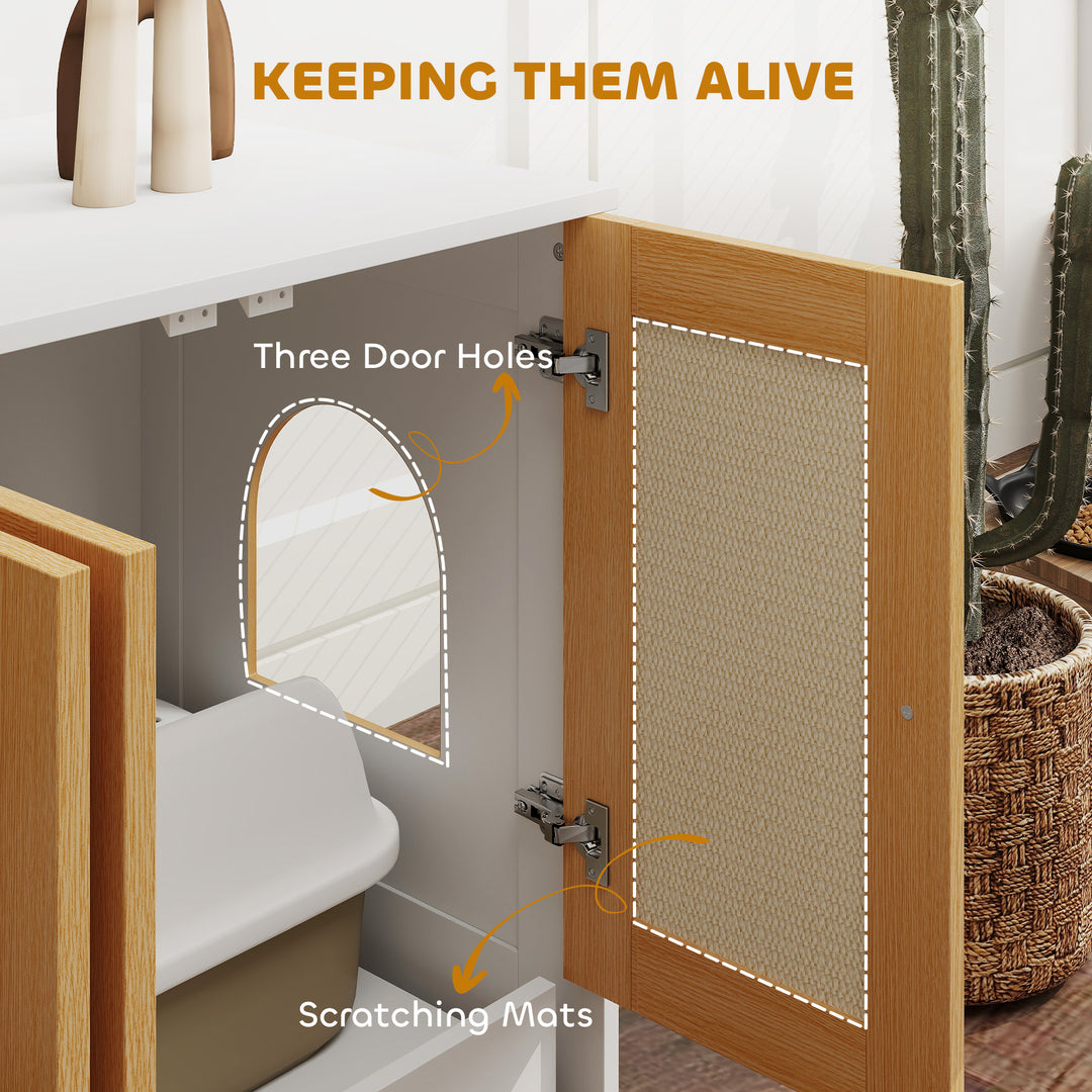 PawHut Cat Litter Box Enclosure w/ 2 Cabinets, Scratching Mats, Pull-Out Trays, Hidden Litter Box for 2 Cats, White