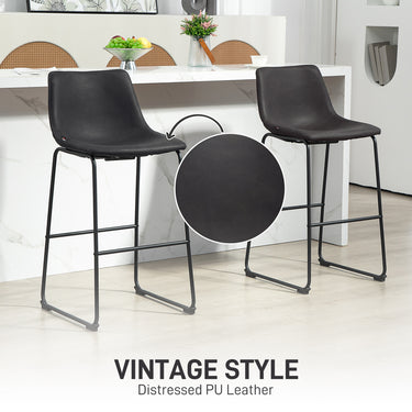 HOMCOM Bar Height Bar Stools Set of 2, Vintage PU Leather Bar Chairs, Kitchen Stools with Footrest for Home Bar, Dark Brown