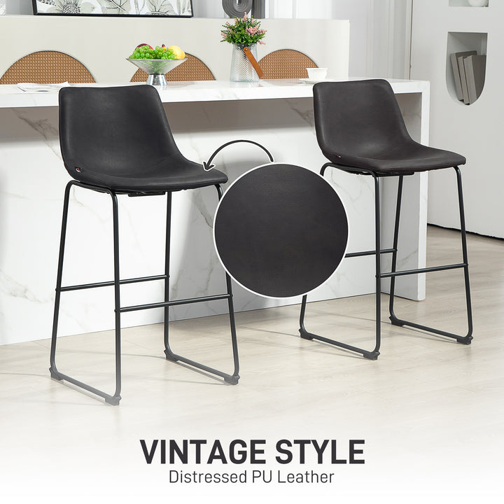 HOMCOM Bar Height Bar Stools Set of 2, Vintage PU Leather Bar Chairs, Kitchen Stools with Footrest for Home Bar, Dark Brown