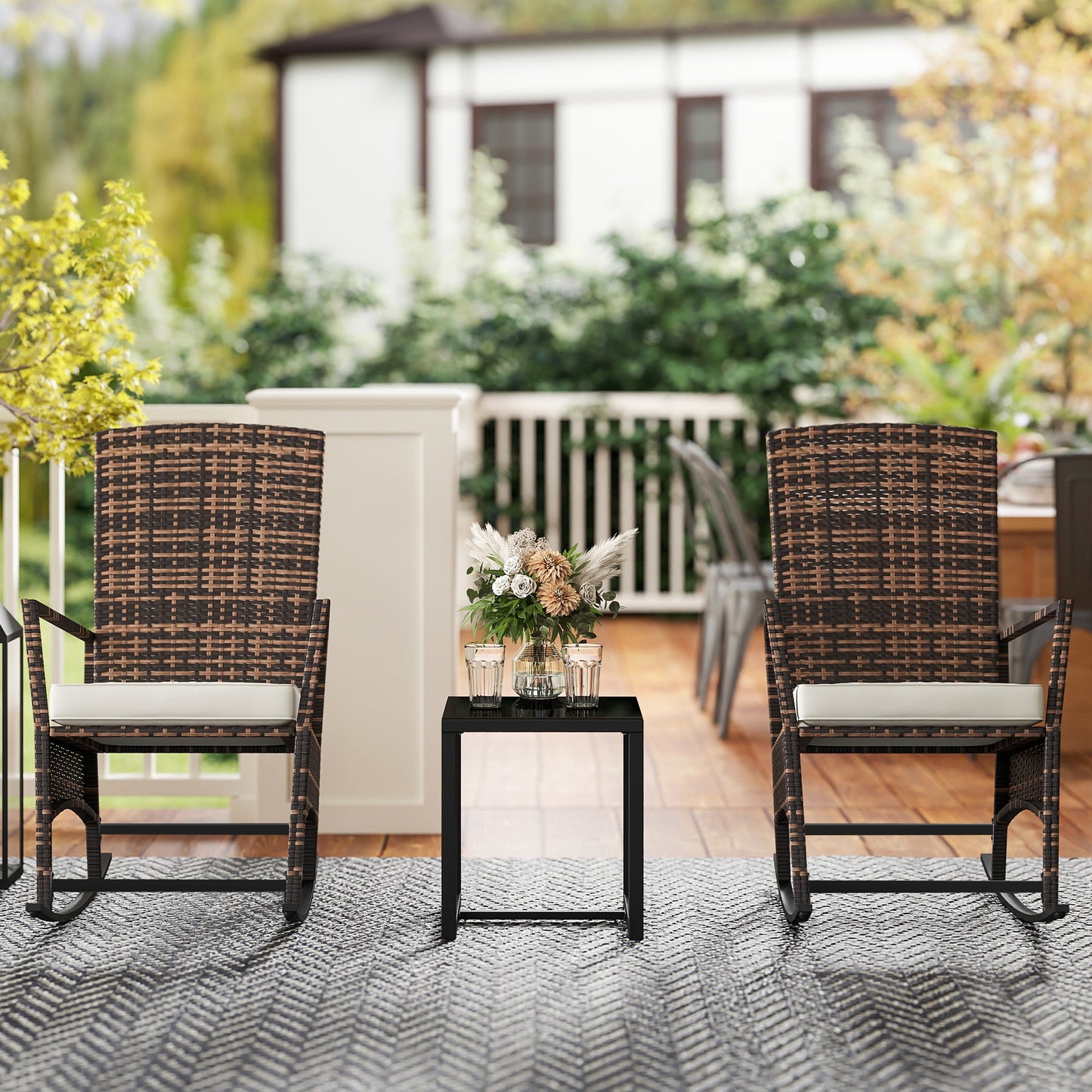Outsunny 3 Piece Rocking Bistro Set, Wicker Patio Furniture with 3-Level Reclining High Back Rocking Chair and Glass Table, White