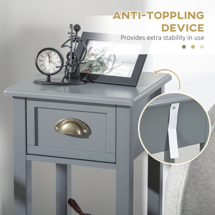 HOMCOM 2 Tier Side Table, Set of 2, Narrow Tall End Table with Drawer and Shelf, Slim Wooden Nightstand for Living Room, Bedroom, Hallway, White