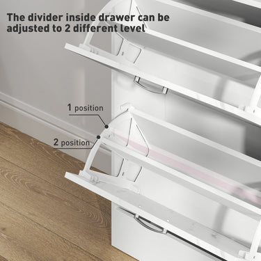 HOMCOM 3 Flip Drawer Shoe Cabinet, Marble-Effect Narrow Shoe Storage Cabinet with Top Drawer and Adjustable Shelves, White