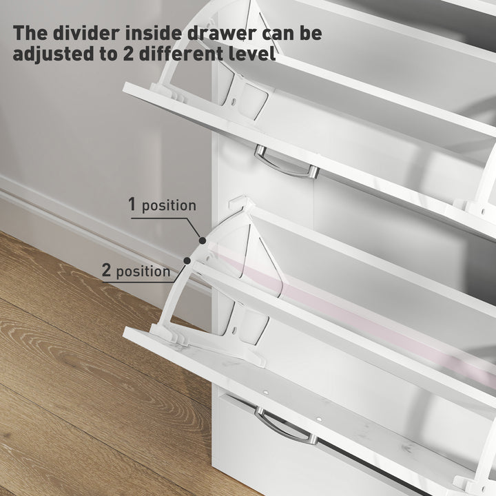 HOMCOM 3 Flip Drawer Shoe Cabinet, Marble-Effect Narrow Shoe Storage Cabinet with Top Drawer and Adjustable Shelves, White
