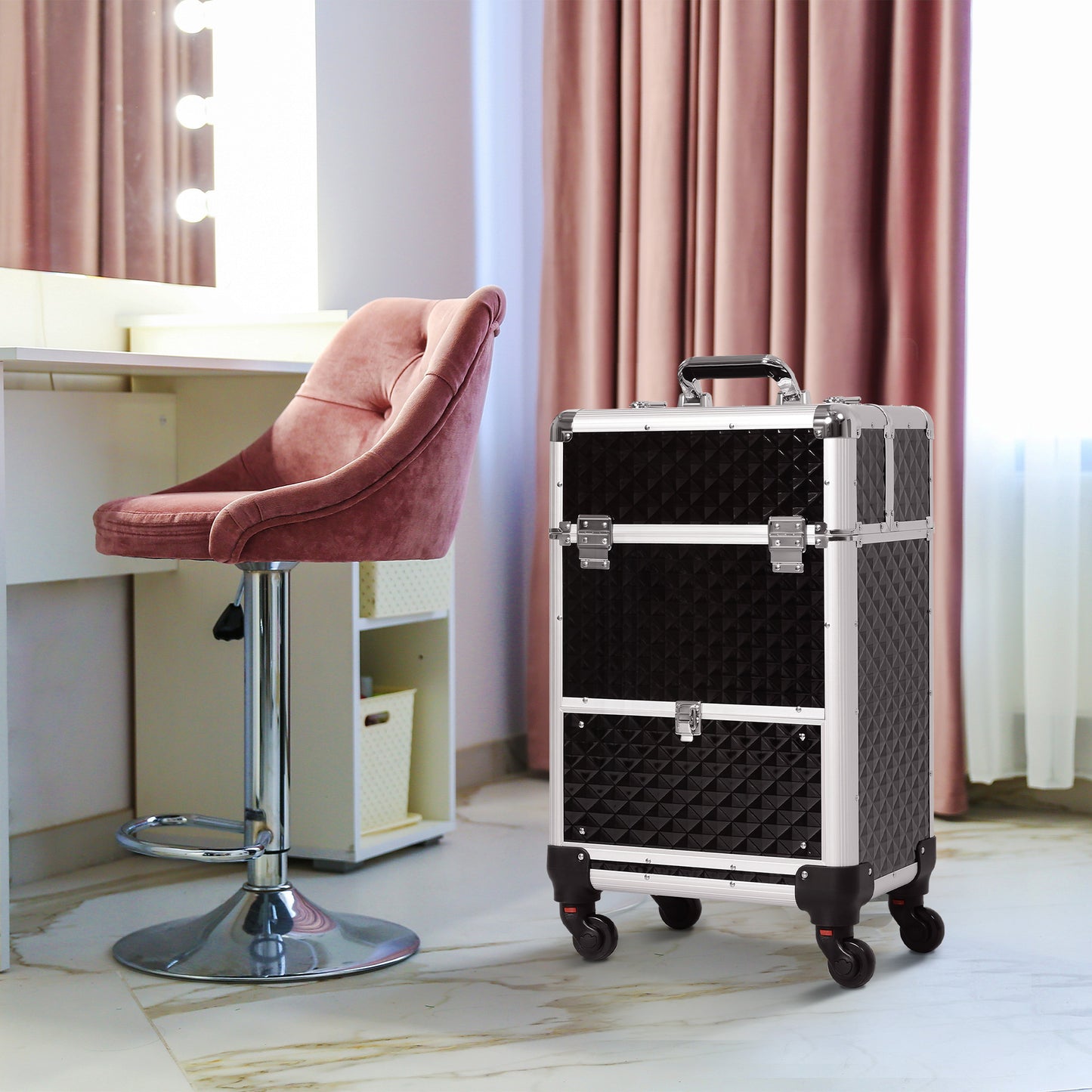 HOMCOM Portable Aluminum Makeup Train Cases, Rolling Makeup Case, Salon Beauty Cosmetic Jewelry Organizer Trolley with 4 Wheels, Pink