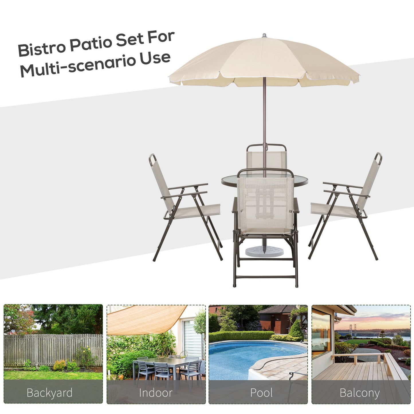 Outsunny 6 Pieces Outdoor Dining Set for 4 with Umbrella Patio Outdoor Furniture Set with Round Table 4 Folding Chairs Black