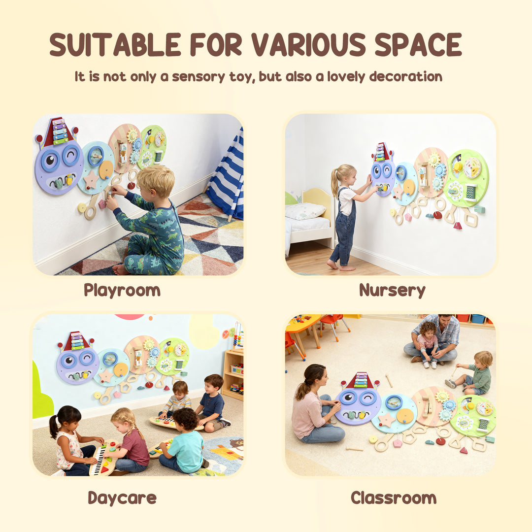 Qaba Caterpillar Montessori Busy Board, 7 in 1 Sensory Wall for Playroom Nursery Classroom, for Toddlers 3+ Years